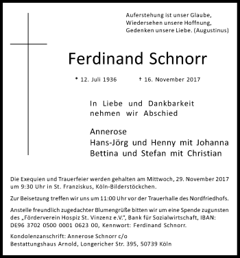Anzeige von Ferdinand Schnorr von Kölner Stadt-Anzeiger / Kölnische Rundschau / Express