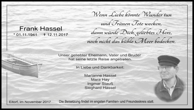  Traueranzeige für Frank Hassel vom 18.11.2017 aus Kölner Stadt-Anzeiger / Kölnische Rundschau / Express