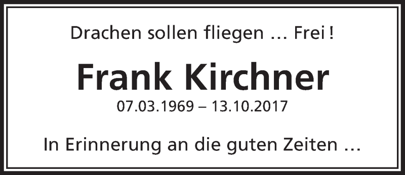  Traueranzeige für Frank Kirchner vom 02.11.2017 aus  Anzeigen Echo 
