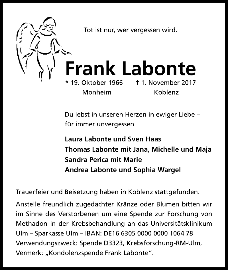  Traueranzeige für Frank Labonte vom 18.11.2017 aus Kölner Stadt-Anzeiger / Kölnische Rundschau / Express