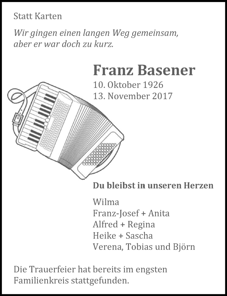  Traueranzeige für Franz Basener vom 22.11.2017 aus  Bergisches Handelsblatt 