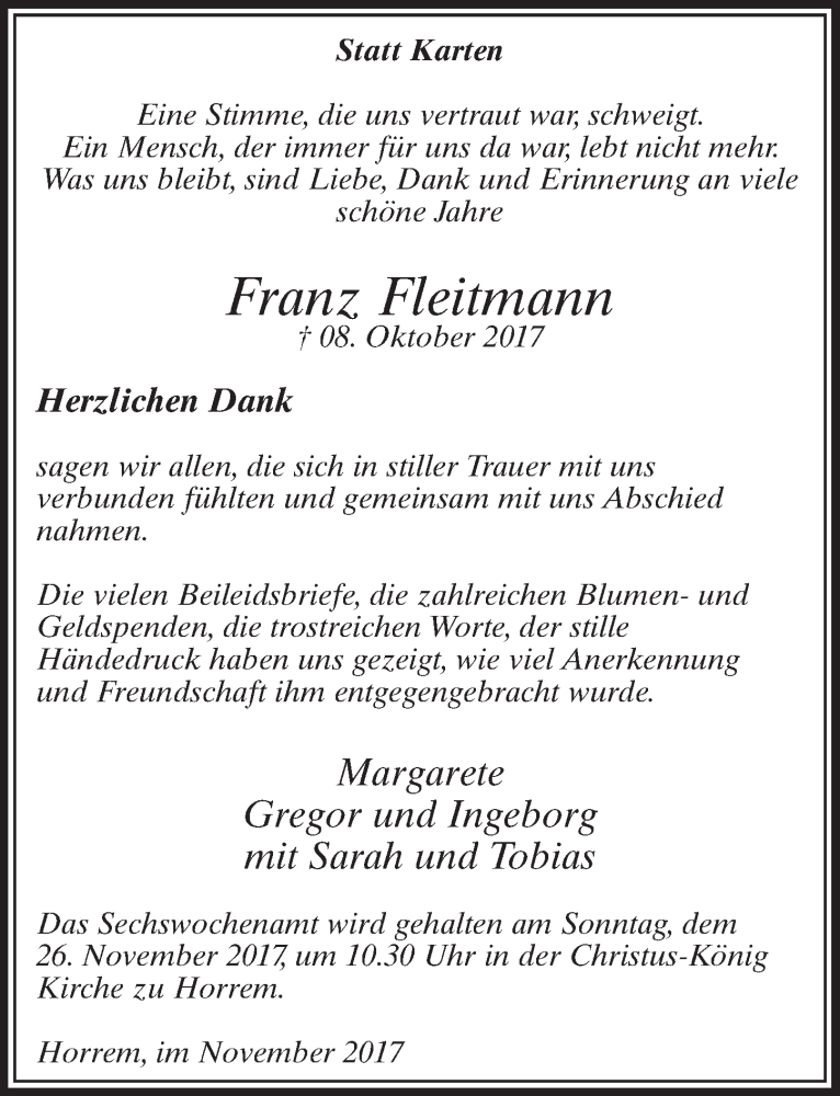  Traueranzeige für Franz Fleitmann vom 18.11.2017 aus  Sonntags-Post 