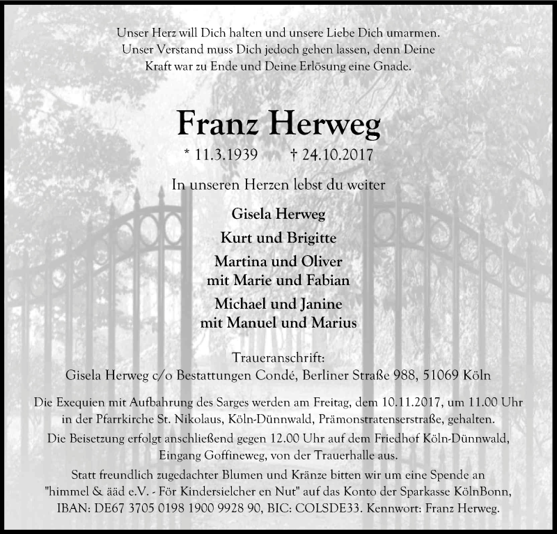  Traueranzeige für Franz Herweg vom 04.11.2017 aus Kölner Stadt-Anzeiger / Kölnische Rundschau / Express