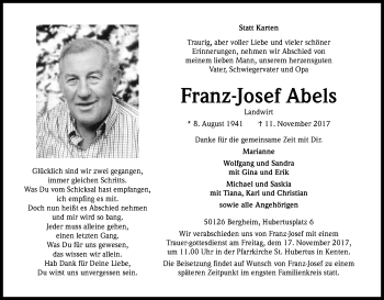 Anzeige von Franz-Josef Abels von Kölner Stadt-Anzeiger / Kölnische Rundschau / Express
