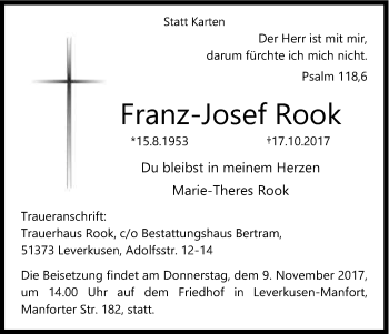 Anzeige von Franz-Josef Rook von Kölner Stadt-Anzeiger / Kölnische Rundschau / Express