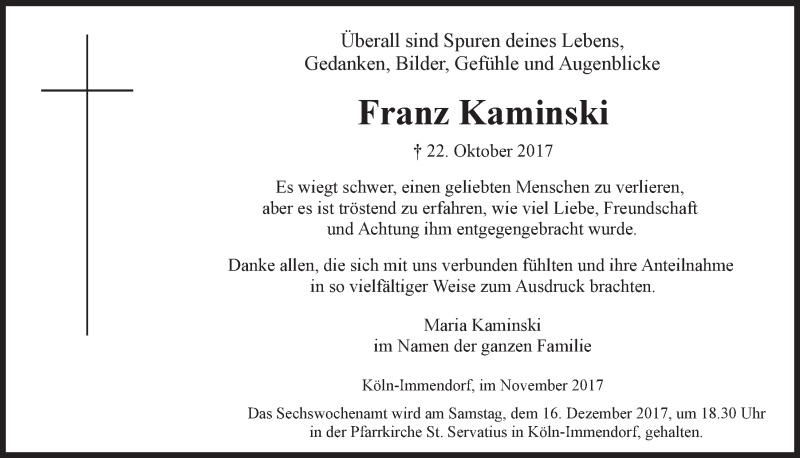  Traueranzeige für Franz Kaminski vom 15.11.2017 aus  Kölner Wochenspiegel 