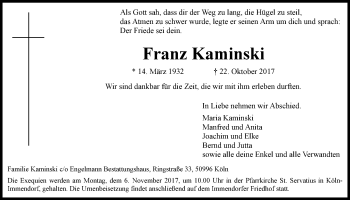 Anzeige von Franz Kaminski von  Kölner Wochenspiegel 