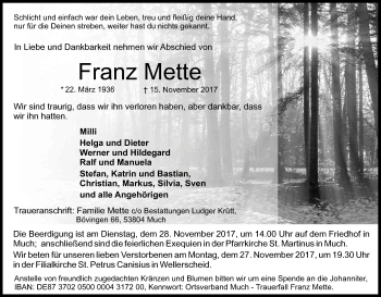 Anzeige von Franz Mette von Kölner Stadt-Anzeiger / Kölnische Rundschau / Express