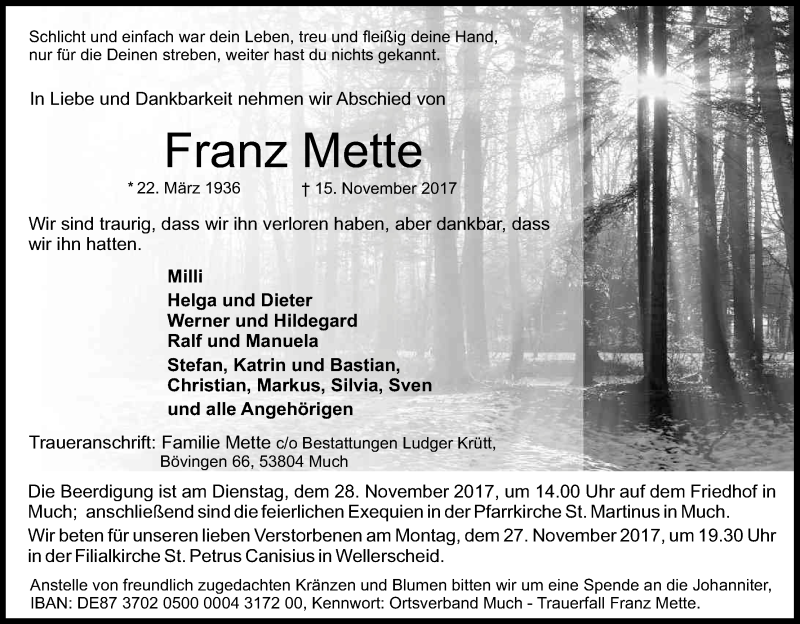  Traueranzeige für Franz Mette vom 22.11.2017 aus Kölner Stadt-Anzeiger / Kölnische Rundschau / Express