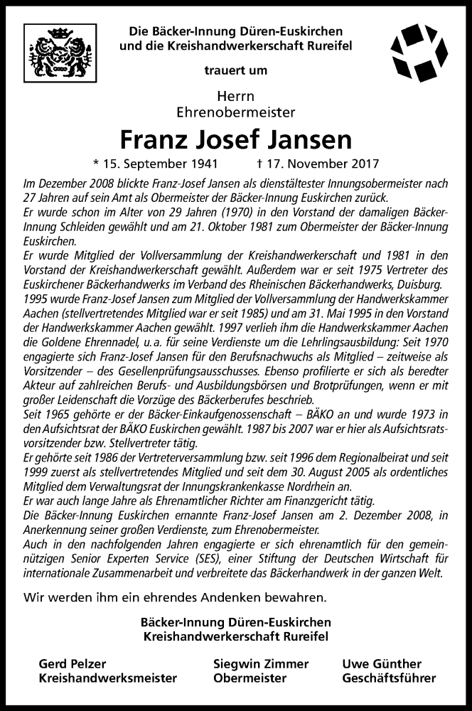  Traueranzeige für Franz Josef Jansen vom 24.11.2017 aus Kölner Stadt-Anzeiger / Kölnische Rundschau / Express
