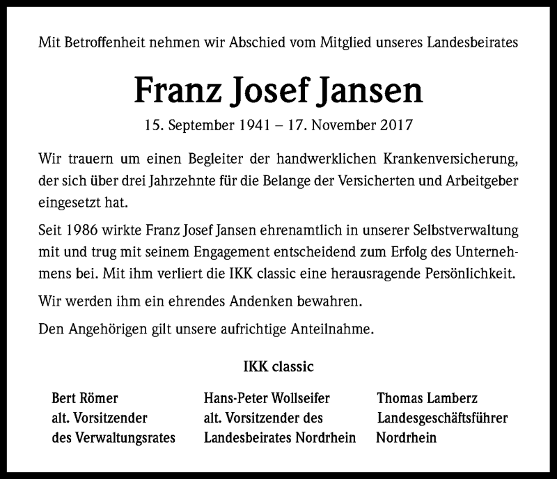  Traueranzeige für Franz Josef Jansen vom 23.11.2017 aus Kölner Stadt-Anzeiger / Kölnische Rundschau / Express