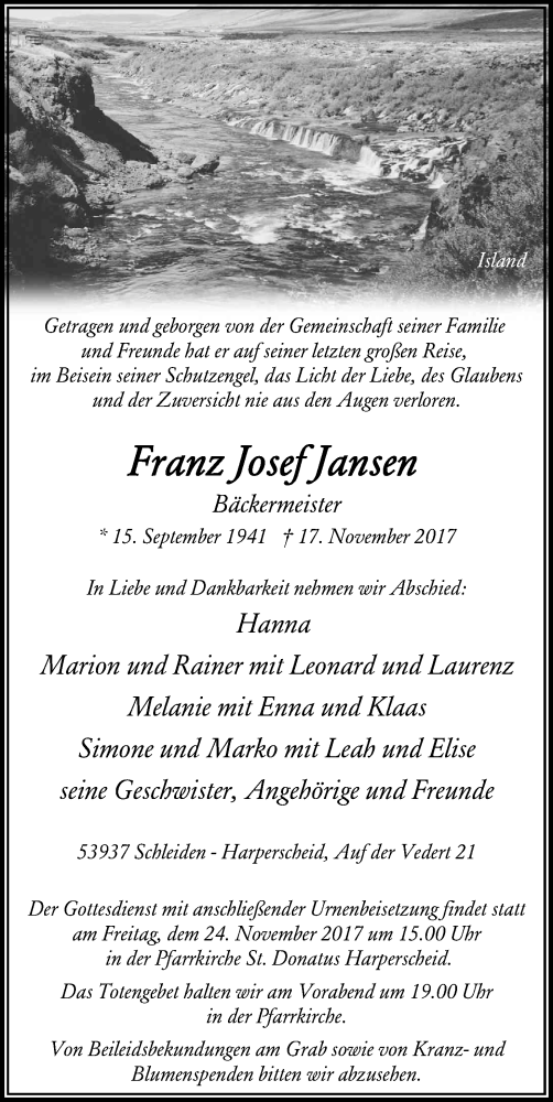  Traueranzeige für Franz Josef Jansen vom 22.11.2017 aus Kölner Stadt-Anzeiger / Kölnische Rundschau / Express