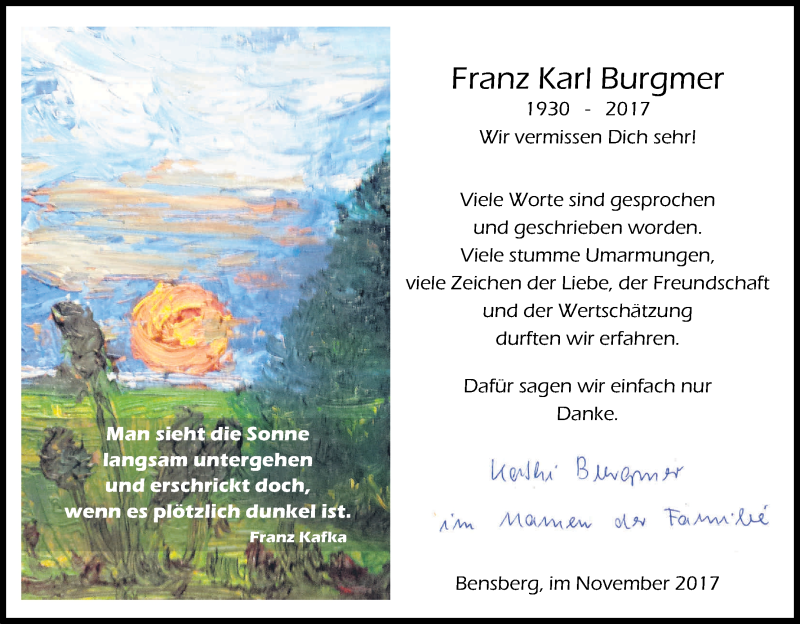  Traueranzeige für Franz Karl Burgmer vom 24.11.2017 aus Kölner Stadt-Anzeiger / Kölnische Rundschau / Express