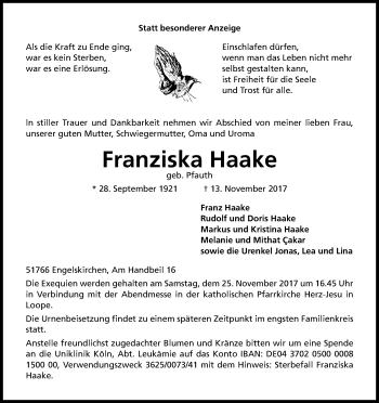 Anzeige von Franziska Haake von Kölner Stadt-Anzeiger / Kölnische Rundschau / Express