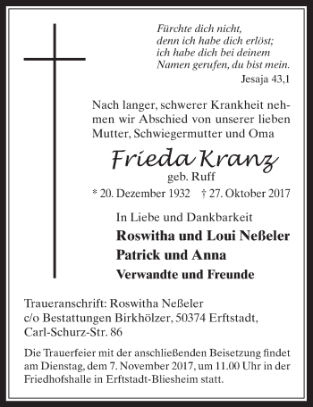 Anzeige von Frieda Kranz von  Sonntags-Post 