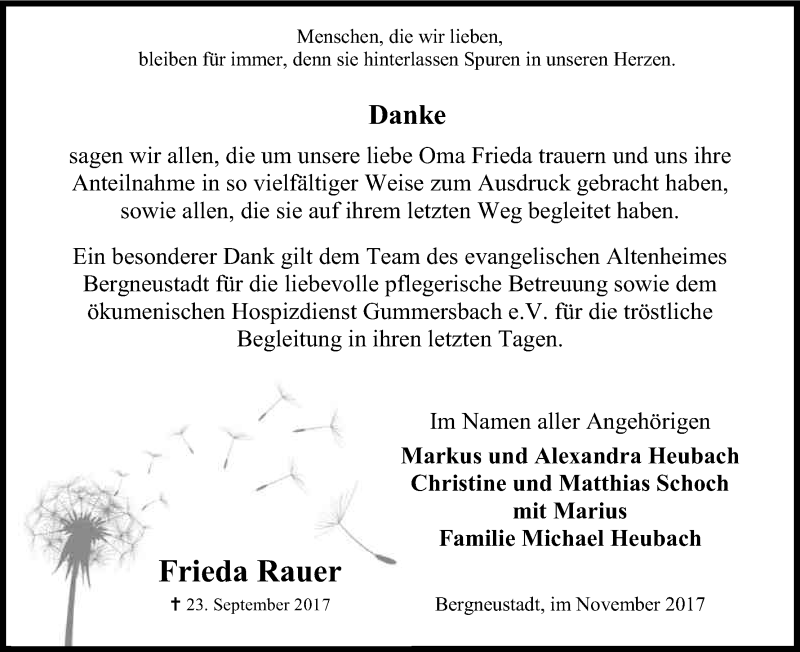  Traueranzeige für Frieda Rauer vom 18.11.2017 aus Kölner Stadt-Anzeiger / Kölnische Rundschau / Express