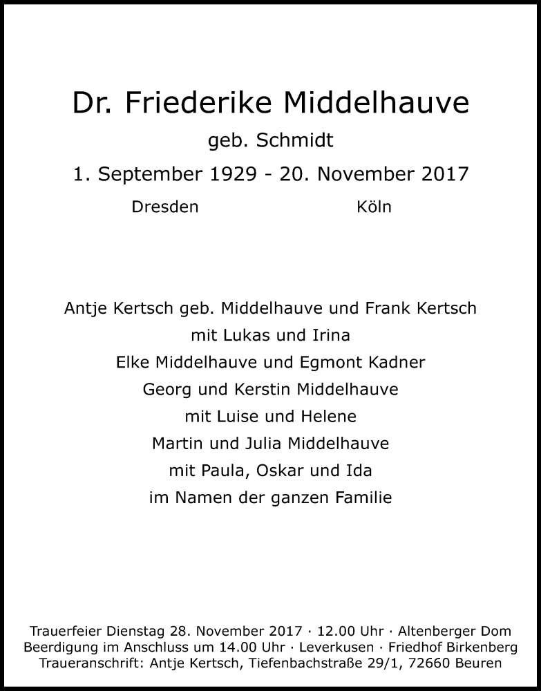  Traueranzeige für Friederike Middelhauve vom 25.11.2017 aus Kölner Stadt-Anzeiger / Kölnische Rundschau / Express