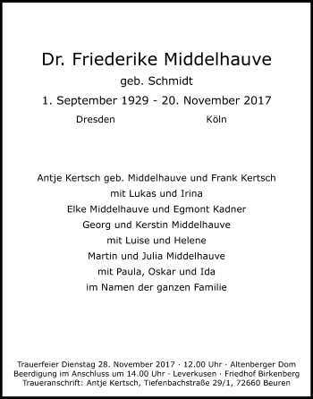Anzeige von Friederike Middelhauve von Kölner Stadt-Anzeiger / Kölnische Rundschau / Express