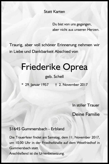 Anzeige von Friederike Oprea von Kölner Stadt-Anzeiger / Kölnische Rundschau / Express