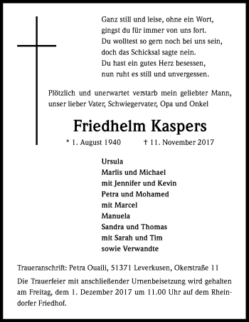 Anzeige von Friedhelm Kaspers von Kölner Stadt-Anzeiger / Kölnische Rundschau / Express