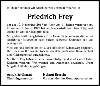 Anzeige von Friedrich Frey von Kölner Stadt-Anzeiger / Kölnische Rundschau / Express