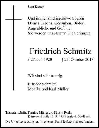 Anzeige von Friedrich Schmitz von Kölner Stadt-Anzeiger / Kölnische Rundschau / Express