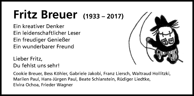  Traueranzeige für Fritz Breuer vom 25.11.2017 aus Kölner Stadt-Anzeiger / Kölnische Rundschau / Express