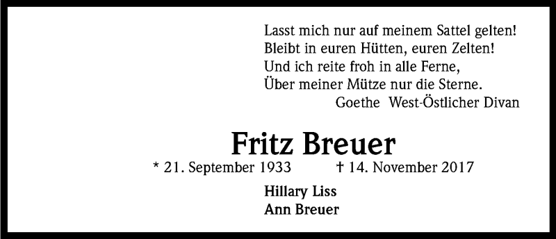  Traueranzeige für Fritz Breuer vom 25.11.2017 aus Kölner Stadt-Anzeiger / Kölnische Rundschau / Express