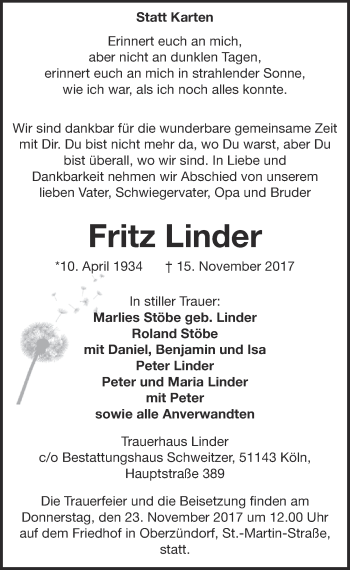 Anzeige von Fritz Linder von  Kölner Wochenspiegel 