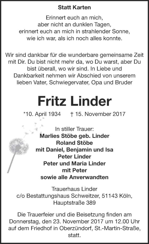  Traueranzeige für Fritz Linder vom 22.11.2017 aus  Kölner Wochenspiegel 