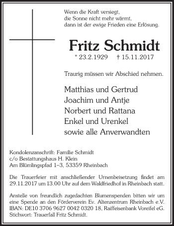 Anzeige von Fritz Schmidt von  Schaufenster/Blickpunkt 