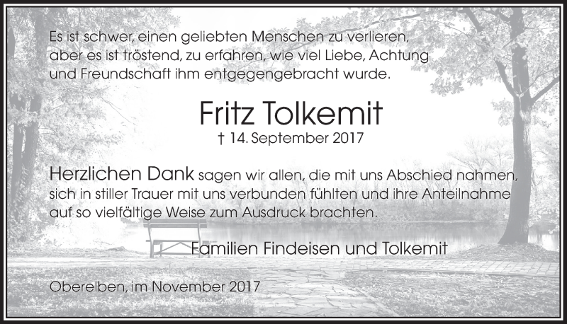  Traueranzeige für Fritz Tolkemit vom 08.11.2017 aus  Lokalanzeiger 