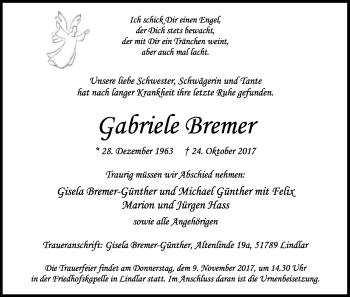Anzeige von Gabriele Bremer von Kölner Stadt-Anzeiger / Kölnische Rundschau / Express