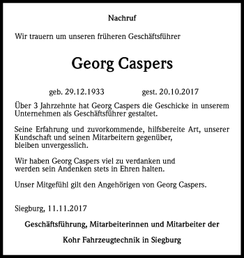 Anzeige von Georg Caspers von Kölner Stadt-Anzeiger / Kölnische Rundschau / Express