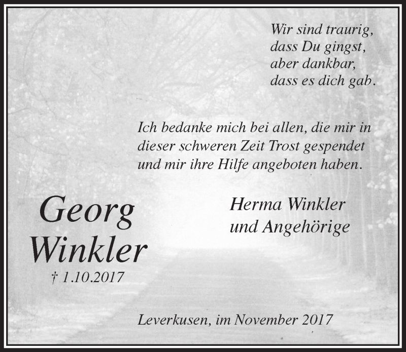  Traueranzeige für Georg Winkler vom 08.11.2017 aus  Lokale Informationen 