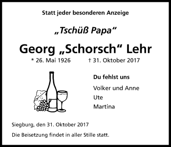 Anzeige von Georg Schorsch Lehr von Kölner Stadt-Anzeiger / Kölnische Rundschau / Express