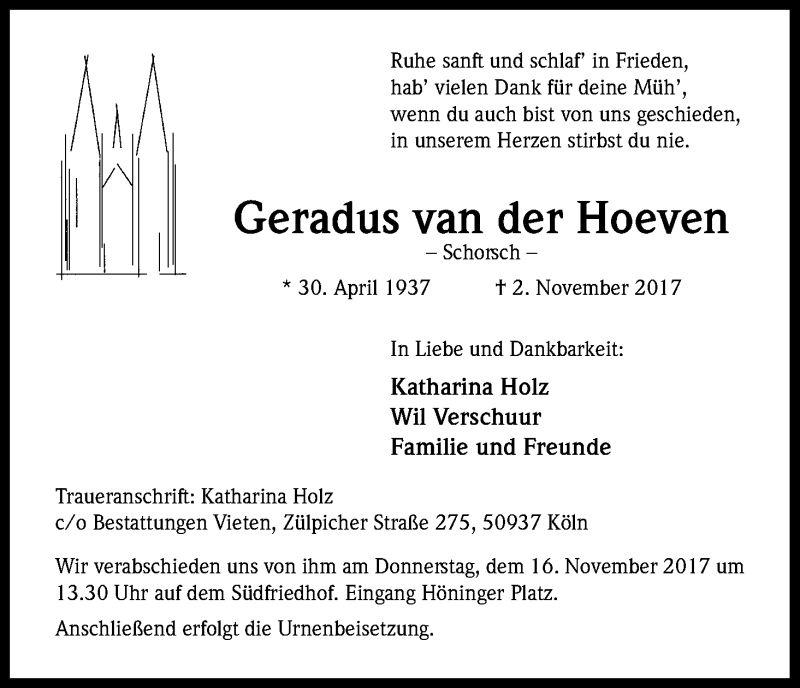 Traueranzeige für Geradus van der Hoeven vom 13.11.2017 aus Kölner Stadt-Anzeiger / Kölnische Rundschau / Express