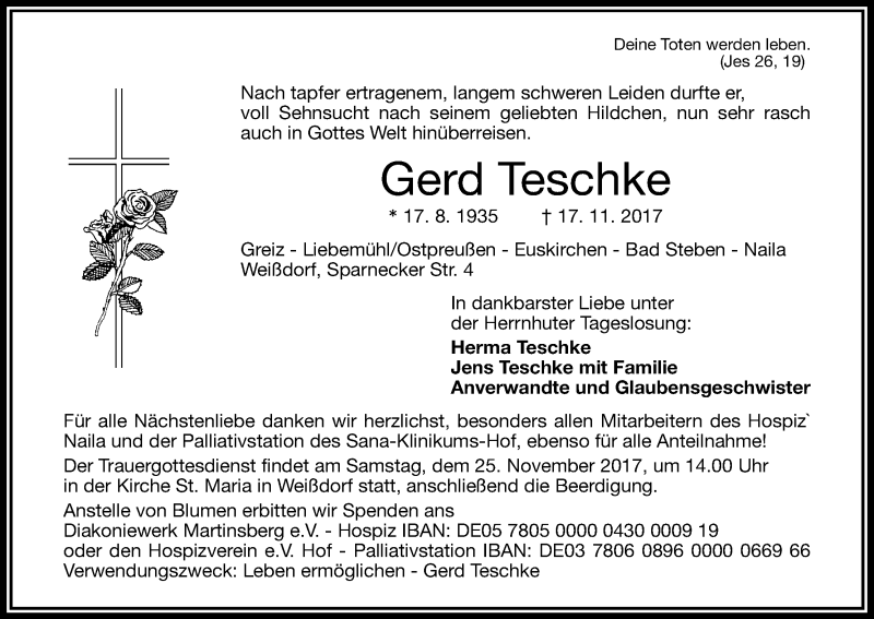  Traueranzeige für Gerd Teschke vom 23.11.2017 aus Kölner Stadt-Anzeiger / Kölnische Rundschau / Express