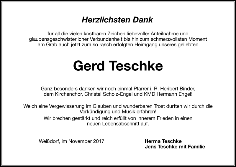  Traueranzeige für Gerd Teschke vom 30.11.2017 aus Kölner Stadt-Anzeiger / Kölnische Rundschau / Express