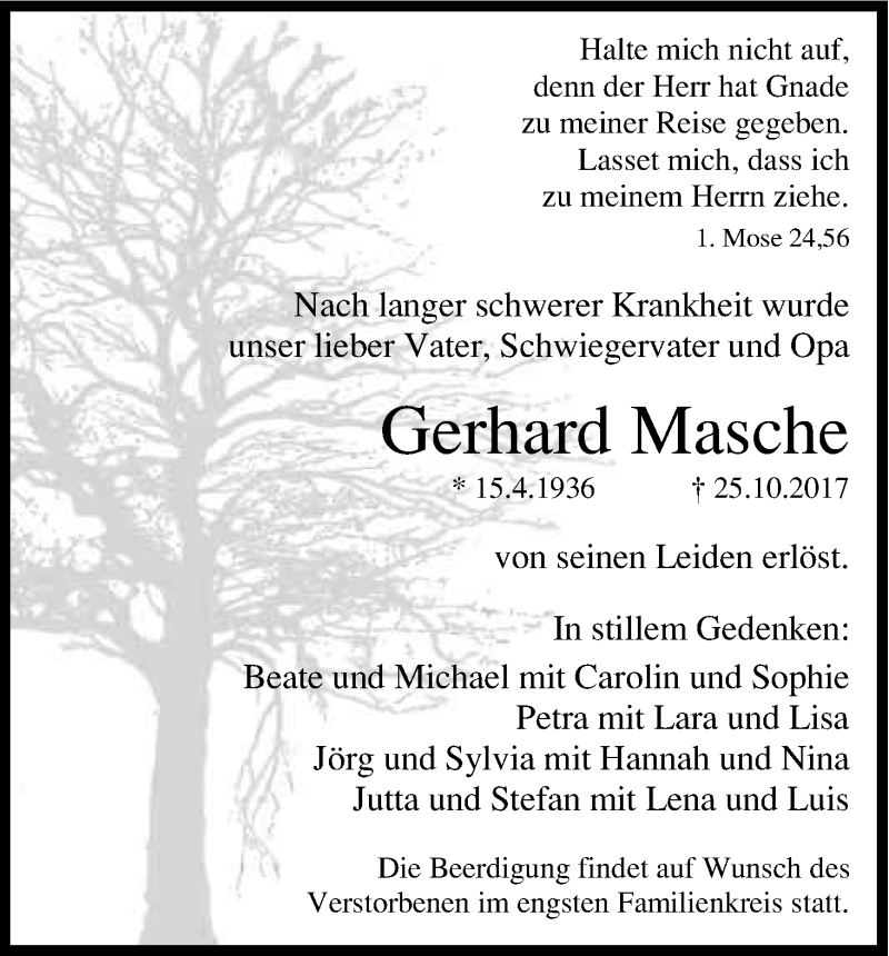  Traueranzeige für Gerhard Masche vom 04.11.2017 aus Kölner Stadt-Anzeiger / Kölnische Rundschau / Express