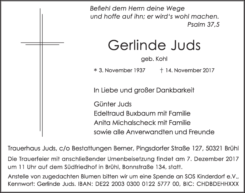  Traueranzeige für Gerlinde Juds vom 29.11.2017 aus  Schlossbote/Werbekurier 
