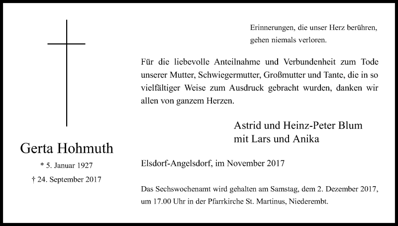  Traueranzeige für Gerta Hohmuth vom 25.11.2017 aus Kölner Stadt-Anzeiger / Kölnische Rundschau / Express