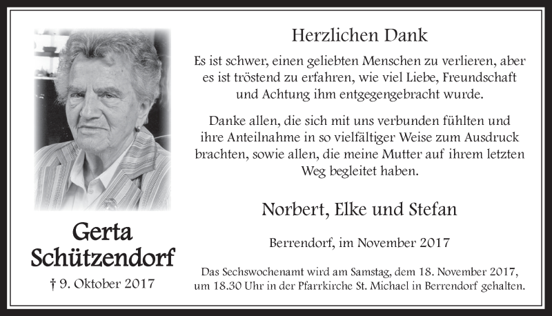 Traueranzeige für Gerta Schützendorf vom 15.11.2017 aus  Werbepost 