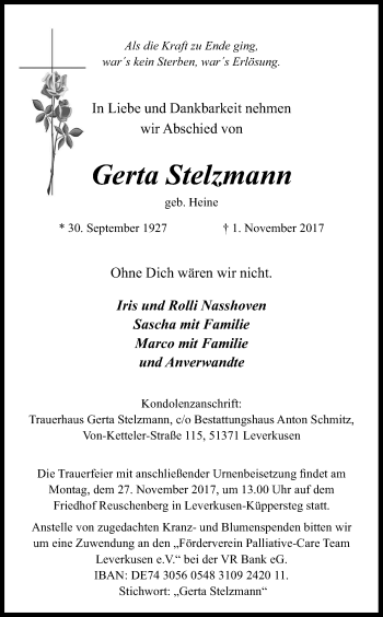 Anzeige von Gerta Stelzmann von Kölner Stadt-Anzeiger / Kölnische Rundschau / Express
