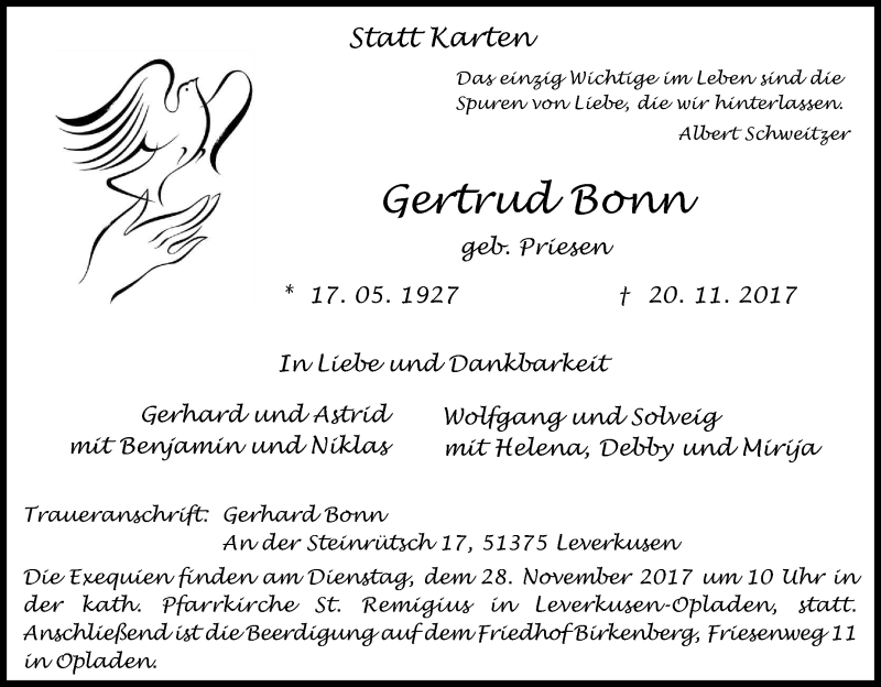  Traueranzeige für Gertrud Bonn vom 28.11.2017 aus Kölner Stadt-Anzeiger / Kölnische Rundschau / Express