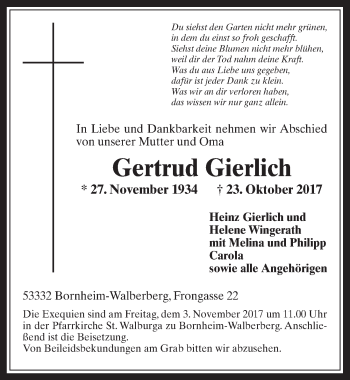 Anzeige von Gertrud Gierlich von  Schlossbote/Werbekurier 