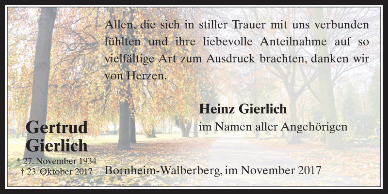  Traueranzeige für Gertrud Gierlich vom 15.11.2017 aus  Schlossbote/Werbekurier 