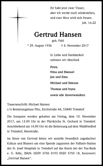 Anzeige von Gertrud Hansen von Kölner Stadt-Anzeiger / Kölnische Rundschau / Express
