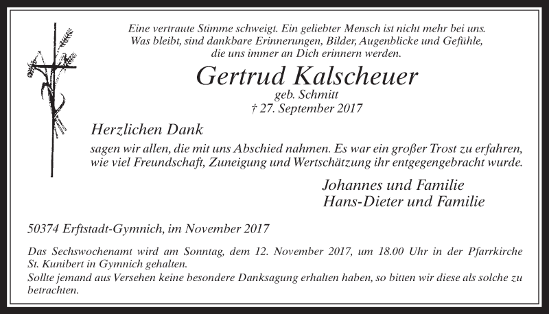  Traueranzeige für Gertrud Kalscheuer vom 08.11.2017 aus  Werbepost 