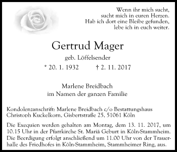 Anzeige von Gertrud Mager von Kölner Stadt-Anzeiger / Kölnische Rundschau / Express